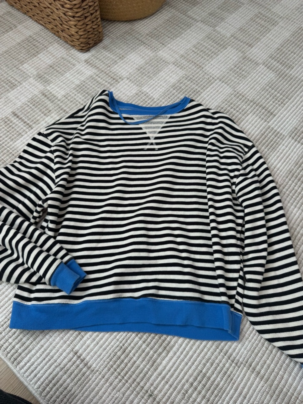We The Free Black & White Striped Crewneck with Blue Trim